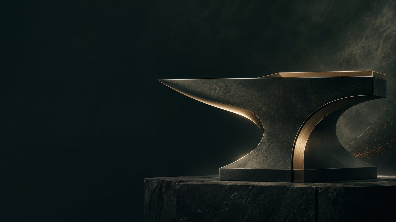 A forged anvil with brass detailing on a stone plinth, sparks scattering into the dark.